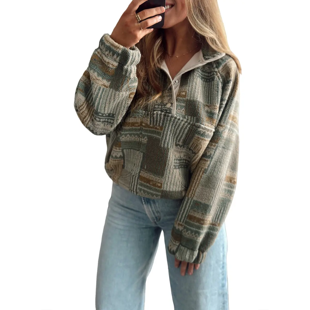 Women Vintage Aztec Patchwork Quarter Zip Pullover, Casual Stand Collar Long Sleeve Sweatshirt With Front Pocket, Loose Cropped Warm Outerwear For Fall Winter Daily Street Outfits