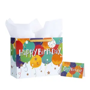 RUSPEPA Loveinside Colorful Birthday Gift Bag Balloons Pattern HAPPY BIRTHDAY Text Matching Tissue Paper Greeting Card Tag Ideal for Kids' Gifts 13"x5"x10" 1 Pcs