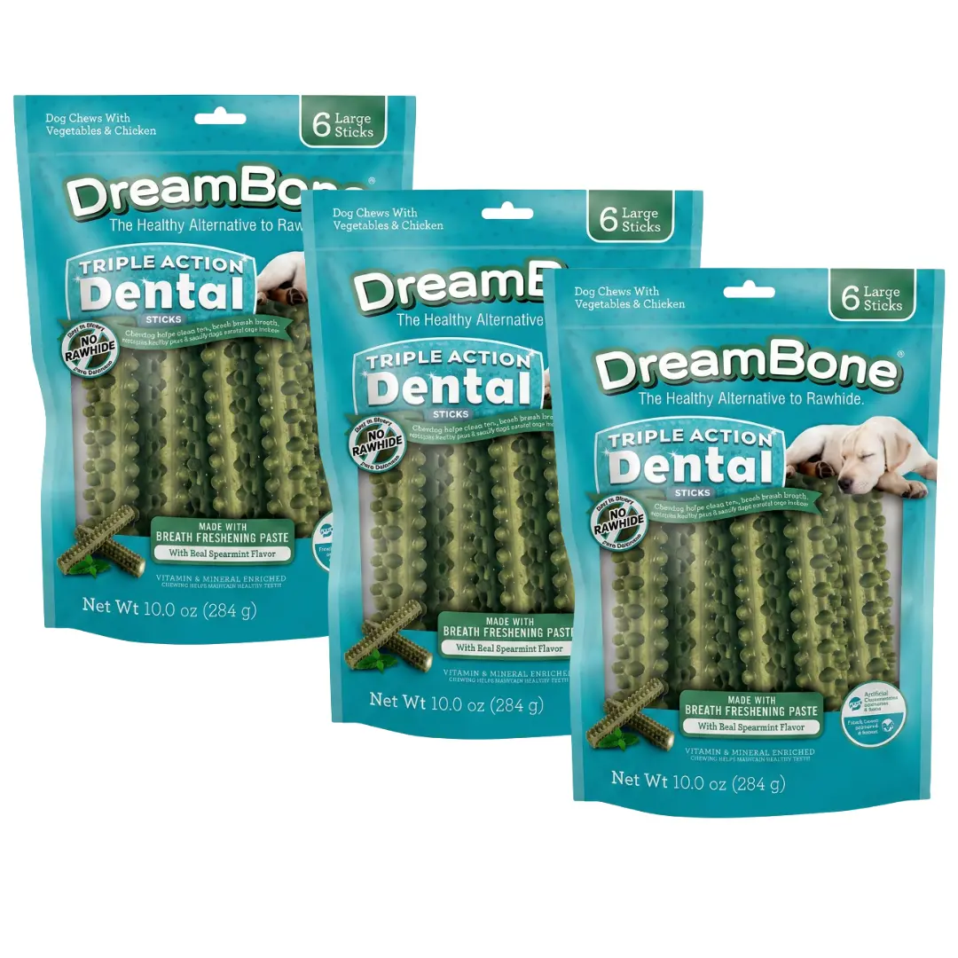 DreamBone Triple Action Dental Sticks with Real Spearmint Flavor for Large & Extra Large Dogs 3-pack