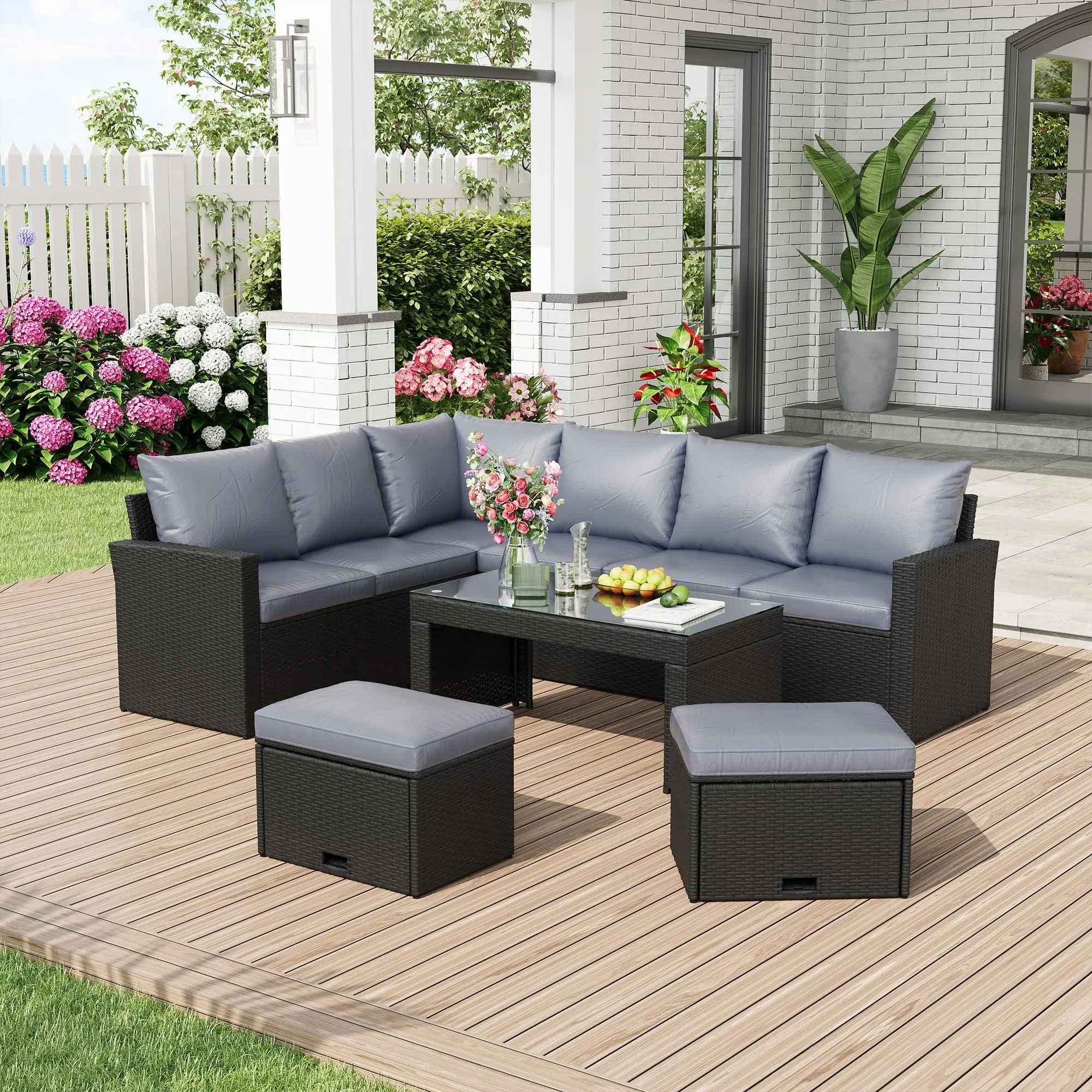 5 Pieces Outdoor Patio Furniture Set with Cushions, PE Rattan Wicker Sofa, 87-Inch Woven Couch with Gray Cushions, Indoor Living Room Furniture for Balcony, Porch, Sunroom Black