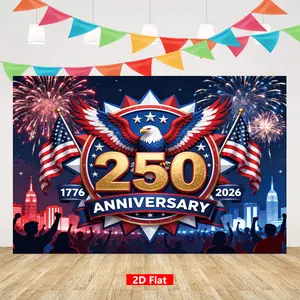 2D Flat Banner, 1pc USA 250Th Anniversary Backdrop Banner, Material, Golden 250 Eagle Emblem Fireworks Patriotic Design, 4Th of July Happy Theme Logo Suitable for Indoor Outdoor Wall Decoration, Holiday Party Celeb
