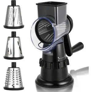 Rotary Cheese Grater Hand Crank, Vegetable Slicer with 3 Blades, Stable Suction, Labor-Saving Handle, Cheese Shredder for Potato Vegetables Nuts Chocolate, Black