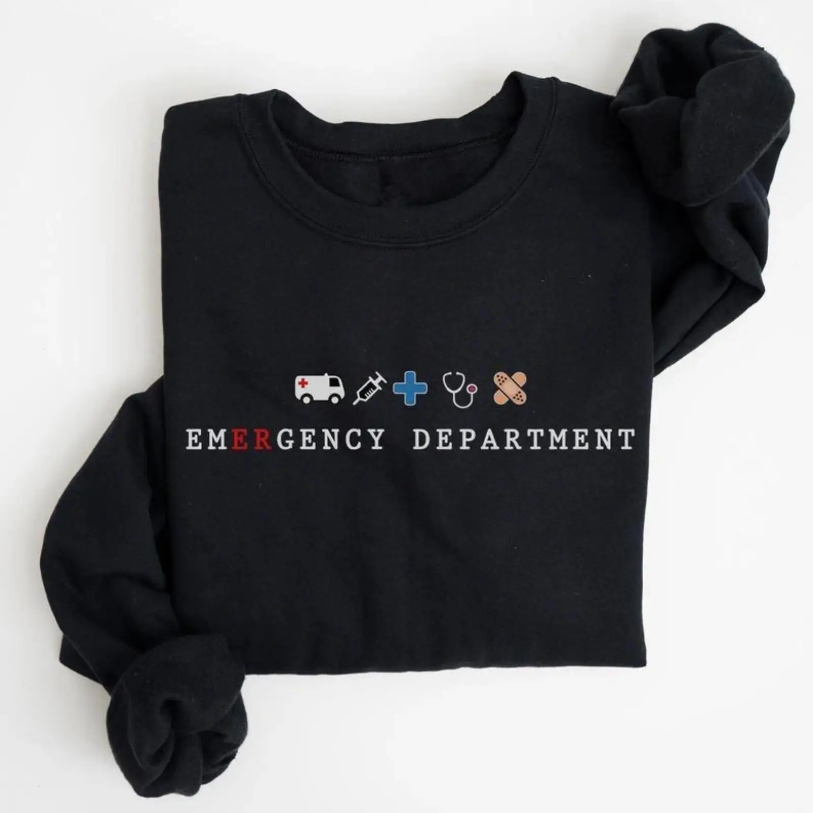 Emergency Department Graphic Sweatshirt ER Nurse Emergency Room Tech Crewneck Healthcare Worker Pullover Medical Staff Gift Nursing Life Casual Unisex Streetwear Cozy Long Sleeve Everyday Wear for Nurses