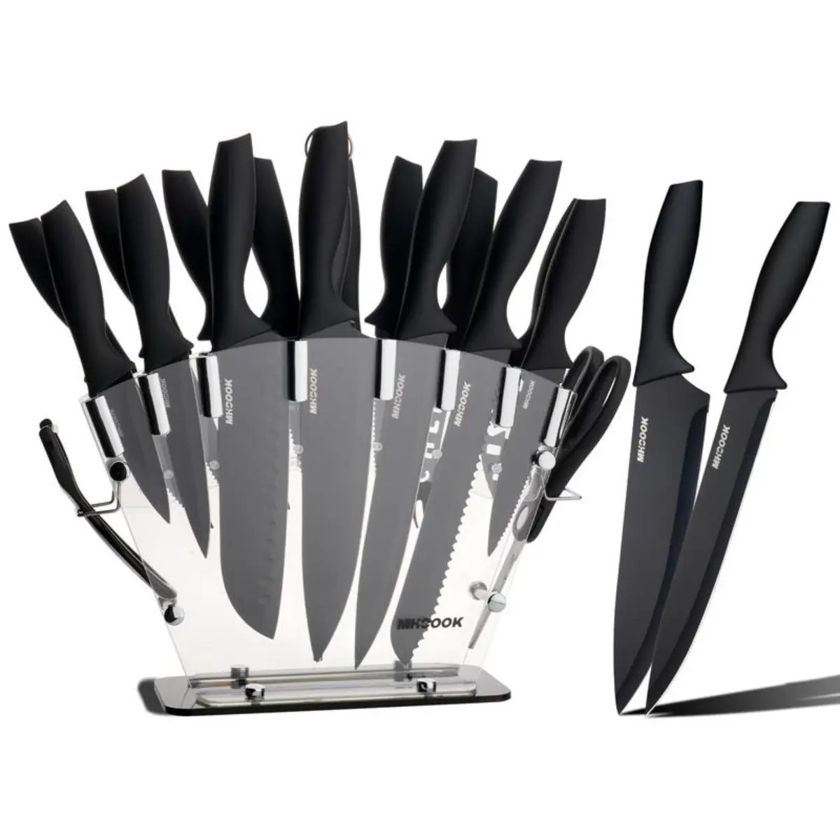 19-Piece Kitchen Knife Set with Combination Chef, Bread, and Scissors, Includes Sharpening Rod, All-In-One Block Knife Set non slip handle Cooking Home Steel