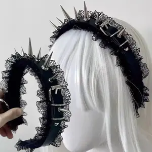 Vintge Punk Spike Lace Headband for Women Cosplay Accessory PU Leather Rivet Headwear Subculture Y2K Headdress Hair Accessories