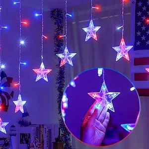 Battery Operated 4th of July Patriotic Star Icicle Lights | Red White Blue Curtain String Lights, 11.5FT 118LED, Waterproof 8 Modes Timer Connectable Window Lights, Indoor Outdoor Independence Day Decor