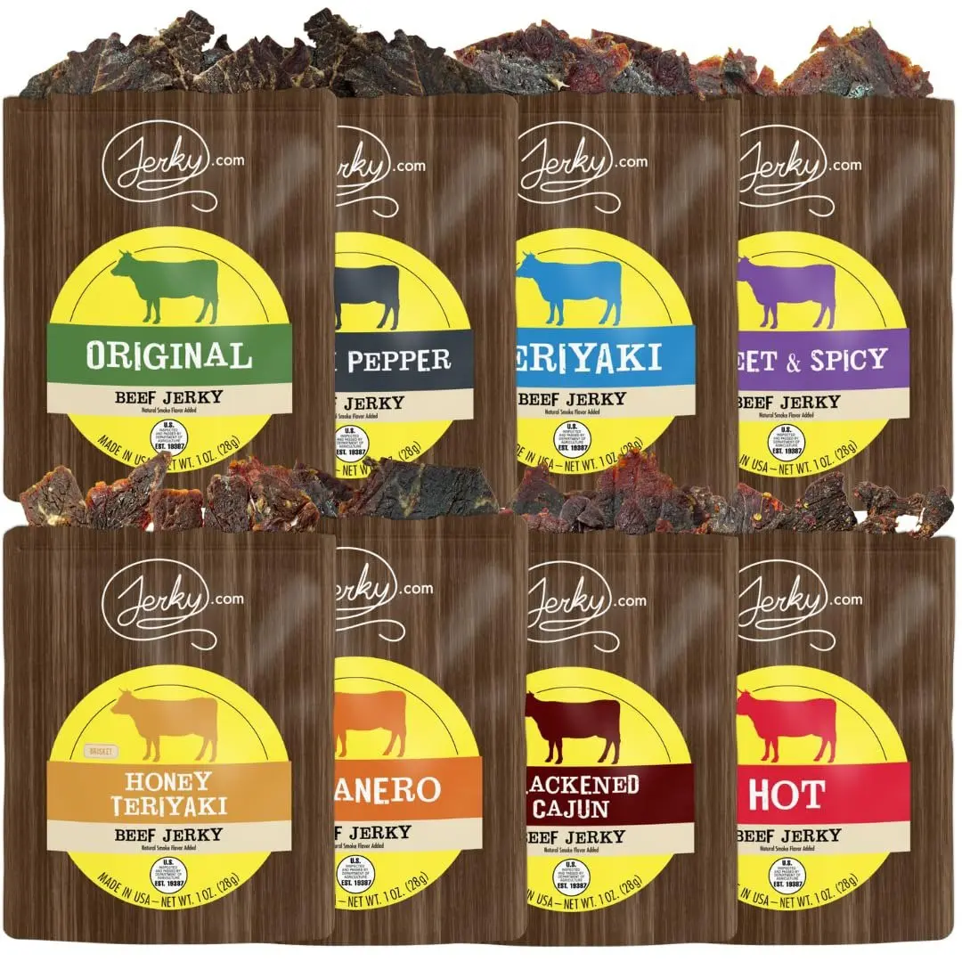 8 pc. Beef Jerky Sampler Pack - Original, Black Pepper, Teriyaki, Sweet & Spicy, Honey Teriyaki, Habanero, Blackened Cajun, Spicy Hot Beef Jerky - Best Assorted Variety Jerky Sampler Gift Pack - All Natural Healthy Dried Meat Snacks - 8oz.