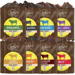 8 pc. Beef Jerky Sampler Pack - Original, Black Pepper, Teriyaki, Sweet & Spicy, Honey Teriyaki, Habanero, Blackened Cajun, Spicy Hot Beef Jerky - Best Assorted Variety Jerky Sampler Gift Pack - All Natural Healthy Dried Meat Snacks - 8oz.
