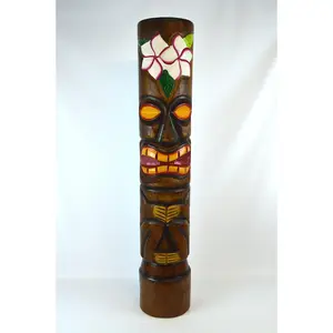 Hand Carved Wood Beautiful 3 FT Hibiscus Plumeria Flower Tiki Totem Pole Statue