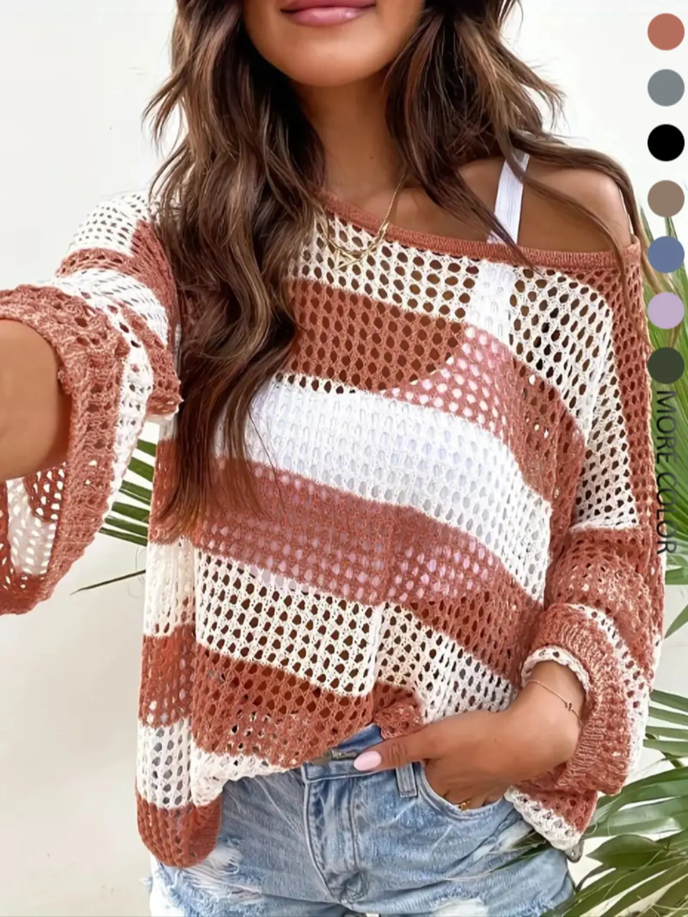 Women's Striped Print Hollow Out Sheer Drop Shoulder Sweater, Casual Long Sleeve Boat Neck Jumper for Spring & Fall, Fashion Women's Knitwear for Dail
