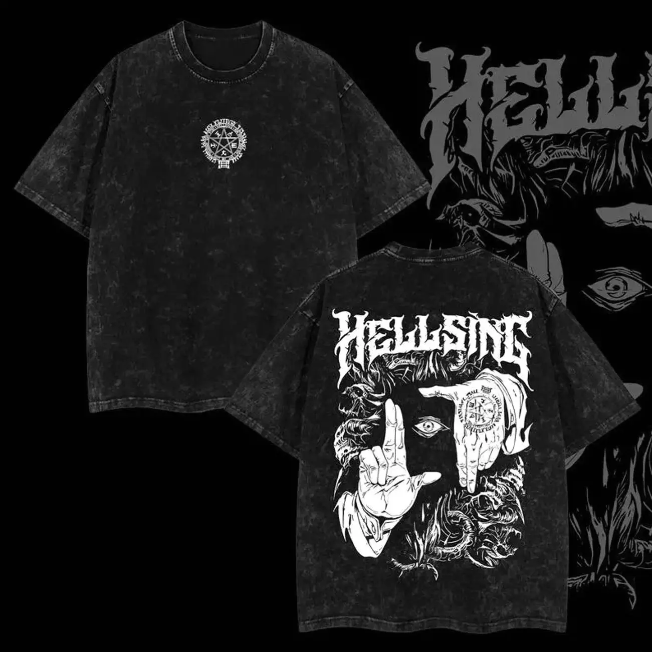 Alucard Hellsing Hand Signs Vintage Unisex Oversize Anime Manga Acid Washed Heavyweight Cotton T-shirt, graphic tee,anime merch fan, outfits men 55O