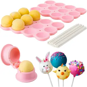 Round Sphere Cake Pop Mold Kit with 2 Trays, 24 Sticks, Cutter Pusher and 12-Hole Holder, Lollipop Baking Mold for Drying Birthday Wedding