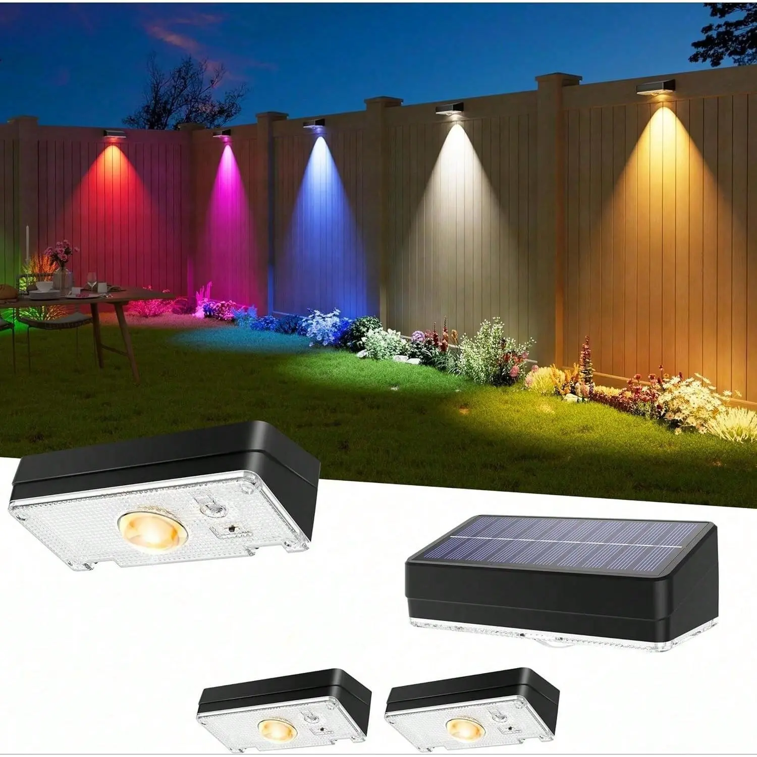 Outdoor solar fence light, 4/8 pieces per pack, 50 watt super bright, RGB color mode, IP65 waterproof grade, suitable for solar-powered fence lights for courtyards, fences, swimming pools, porches, backyards, providing day and night power supply (black)