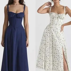 Women Floral Corset Dress Summer Dress Boho Flowy Slit Lace Up Midi Dresses Going Out A Line Casual Sundress