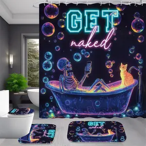 4-Piece Neon Skull Skeleton Shower Curtain Set Gothic Halloween, Colorful Bathroom Decor with Non-Slip Rugs and Toilet Mat