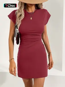 Women's Plain Round Neck Dress, Slim-Fitting Design, Simple Style, Perfect for Daily Wear & Casual Occasions