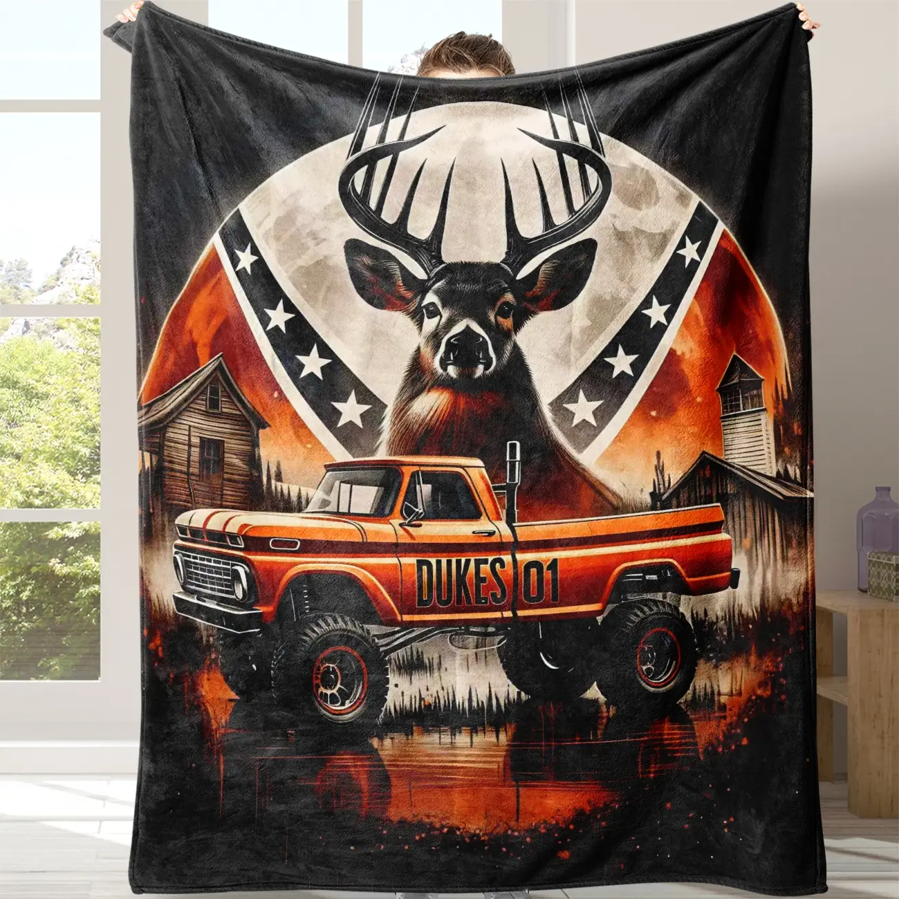 Warm Soft Flannel, Flag Deer Pattern, Ideal for Sofa Bed Couch, Travel Camping Living Room Office Chair Bed Cover, Gift Idea, Flannel Blankets, Flannel Throw Blanket, Flannel Cozy Blanket