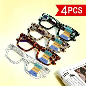4-pack blue light reading glasses for men and women, square oversized frames, multi-focus reading glasses to reduce eye strain, suitable for office and commuting, Father’s Day gift, modern eyewear, progressive multi-focus glasses unisex fashion