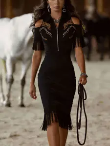 【Embroidery】Women'S Retro Embroidered Studded Western Bohemian Style Tassel Mini Dress
