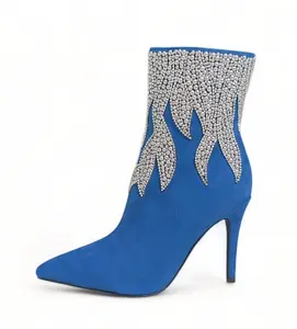 Momoo Classic Blue Suede High-Heel Boot With Silver Crystals