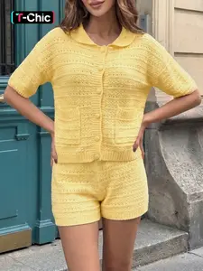 Vacation-Ready Knit Set: Women‘s Textured & Openwork Short-Sleeve Cardigan with Polo Collar, Fabric Buttons & Pockets + Relaxed Elastic Waist Shorts. A Chic, Casual and Comfortable Resort Wear Two-Piece Womenswear.