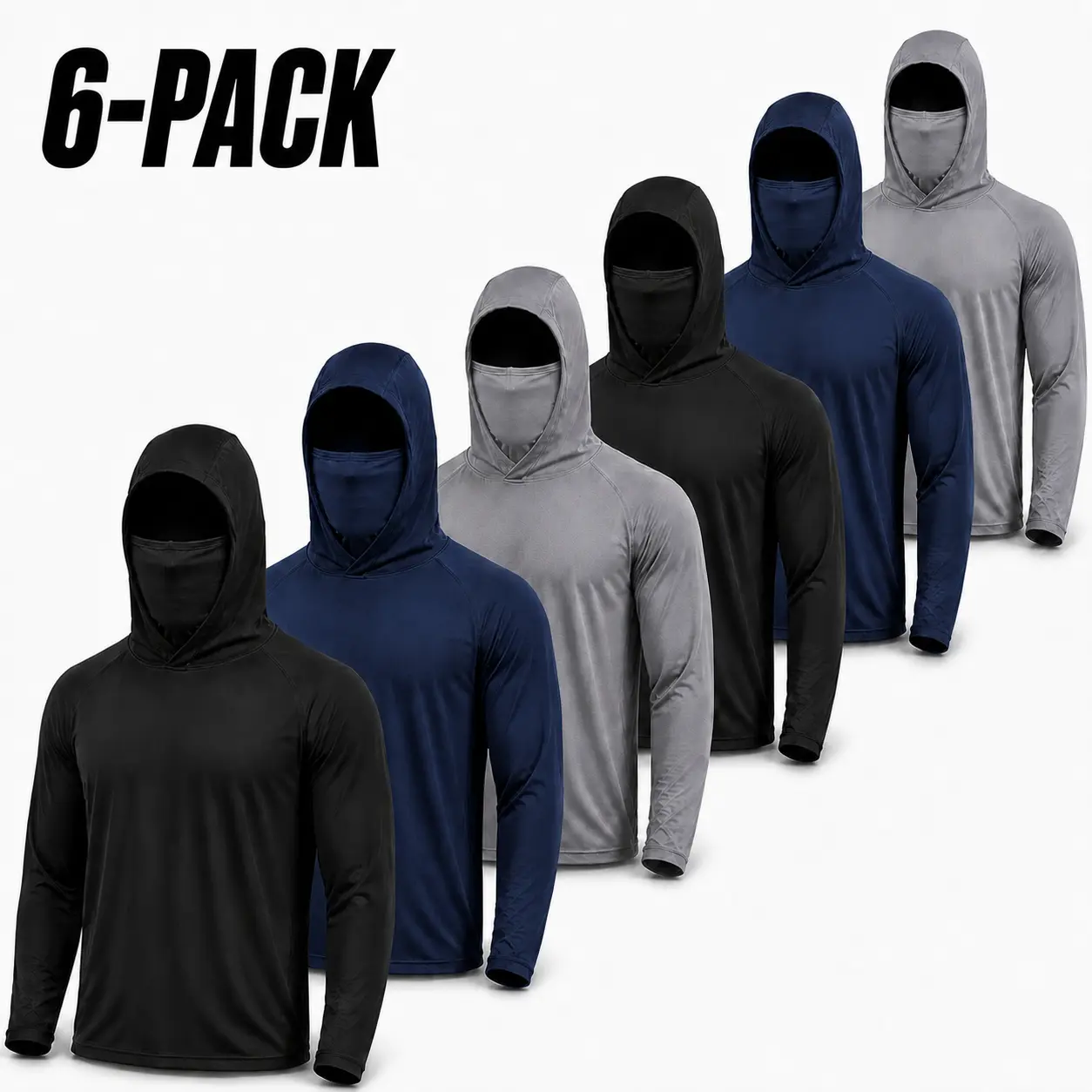 Men's 3-Pack & 6-Pack Fitted Plain Polyester Hooded Outdoor Work Shirts - Built-In Face Cover, UPF 50+, Quick-Dry Long Sleeve for Landscaping, Construction