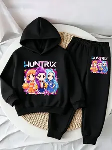 Girls' Spring Summer Casual Two-Piece Set, Trendy Huntrix Hooded Sweatshirt and Pants, Comfortable Soft Fabric, Cartoon Pattern, Perfect Gift