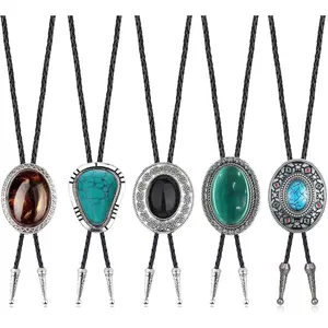 Fansilver 5-Count Handmade Adjustable Embellished Abstract Geometric Cowboy Bolo Tie for Men, Western Leather Necktie, Fashion Costume Jewelry Accessories for Spring & Summer Vibes, Embellished Neckties