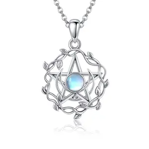 YFN Pentagram Pentacle Necklace 925 Sterling Silver Pentacle Moonstone Pendant Necklace Pagan Wiccan Jewelry Gifts for Women