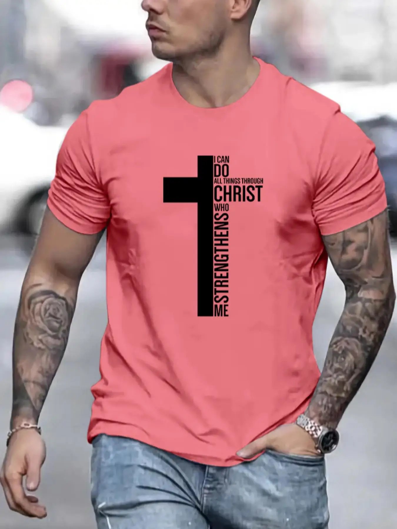 LGBTQ+ Men's Cross & Slogan Round Neck Graphic Tees, Casual Crew Neck Short Sleeve T-Shirt, Men's T Shirts, Streetwear, Graphic Tees for Men, Regular