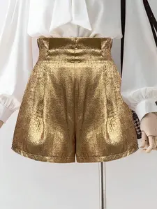 Women's Golden Metallic Fabric Paperbag Waist Casual Fitted Commuter Shorts, Perfect for Summer Music Festivals and Holiday Parties