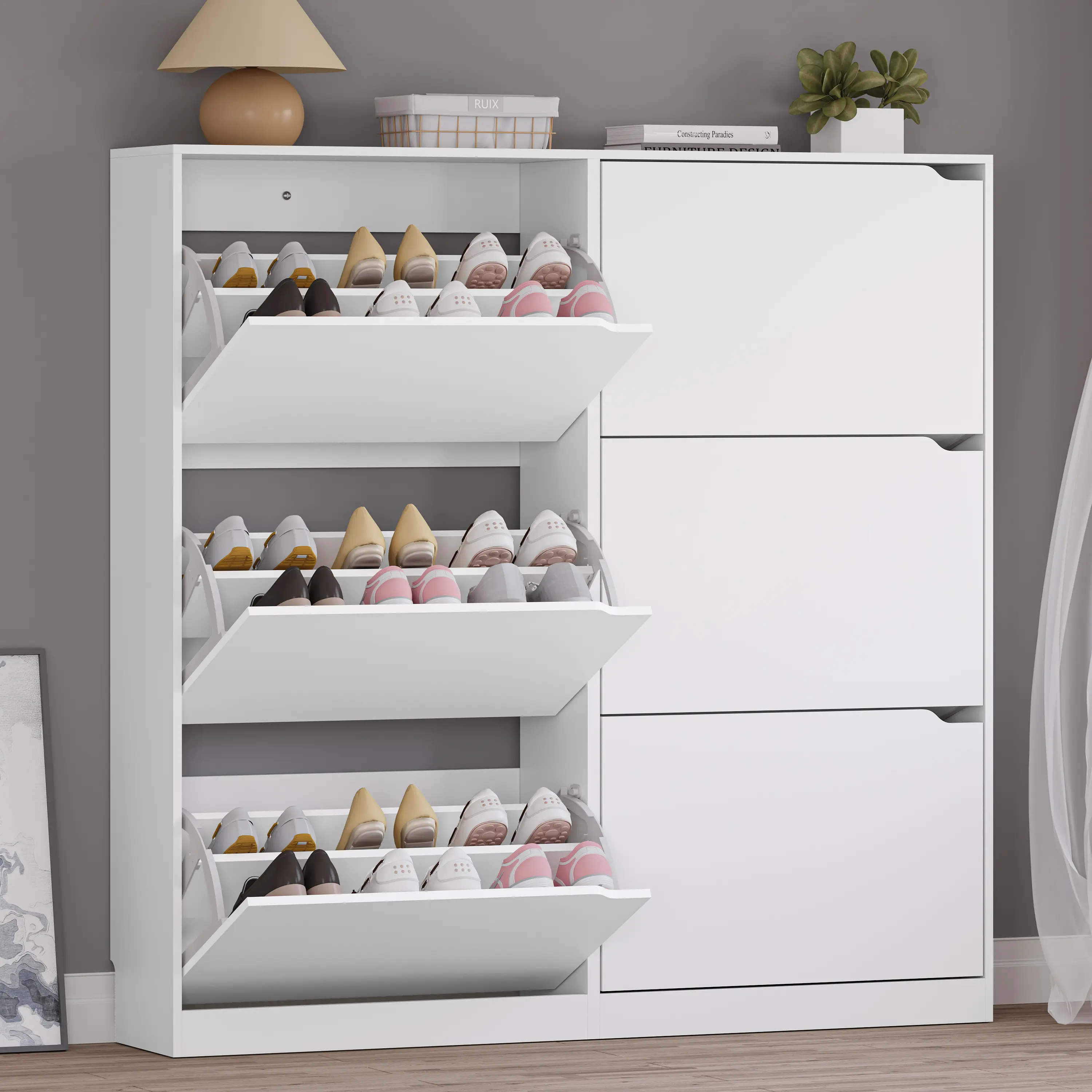 6-Drawer Flip-Open Freestanding Narrow Shoe Rack - Sturdy Wood Hidden Storage Cabinet with Adjustable Shelves, Hidden Handle, Anti-Tip Base, Large Capacity, Slim Space-Saving Modern Indoor Furniture for Entryway, Children’s Bedroom