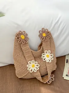 1pc Ladies' handmade crocheted daisy large capacity shoulder bag, Crossbody Purse, Fashion crossbody purse, 3D flower decoration, Bohemian style summer beach bag, soft aesthetic, suitable for daily vacation and leisure wear