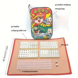 A Chinese-style Mahjong Set, Including: 144 Tiles + 4 Tile Racks + 1 Mahjong Table Mat + 2 Dice Cups + 1 Storage Leather Pouch.  Each Tile Measures 0.94inch. Suitable for party multiplayer games, puzzle combination games and family gatherings.