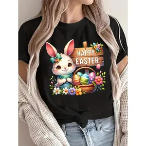 [100% Cotton]  Women'S Easter Bunny Graphic T-Shirt - Cute Rabbit & Egg Design, Short Sleeve, Round Neck, Soft, Machine Washable, Casual Spring/Summer Top Golf Gift T-Shirt For Men And Women