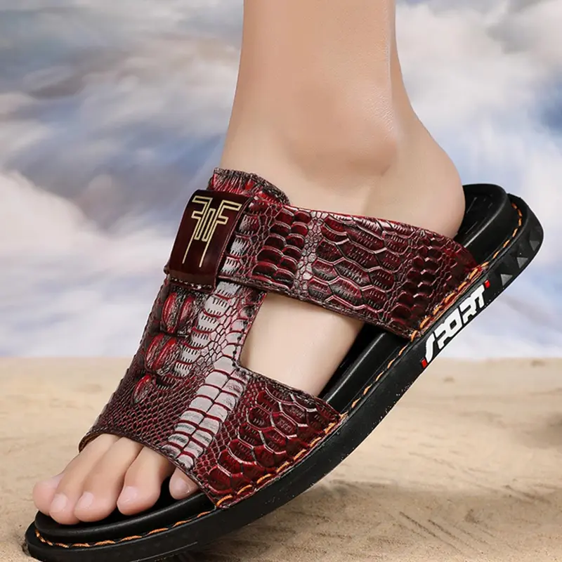 Men's Vintage Crocodile Embossed Beach Sandals, Casual Comfortable Slide Sandals for Outdoor Beach Vacation, Trendy Sports Sandals for Men, Soft Bottom Sandals, Breathable Sandals, Trending Sandals