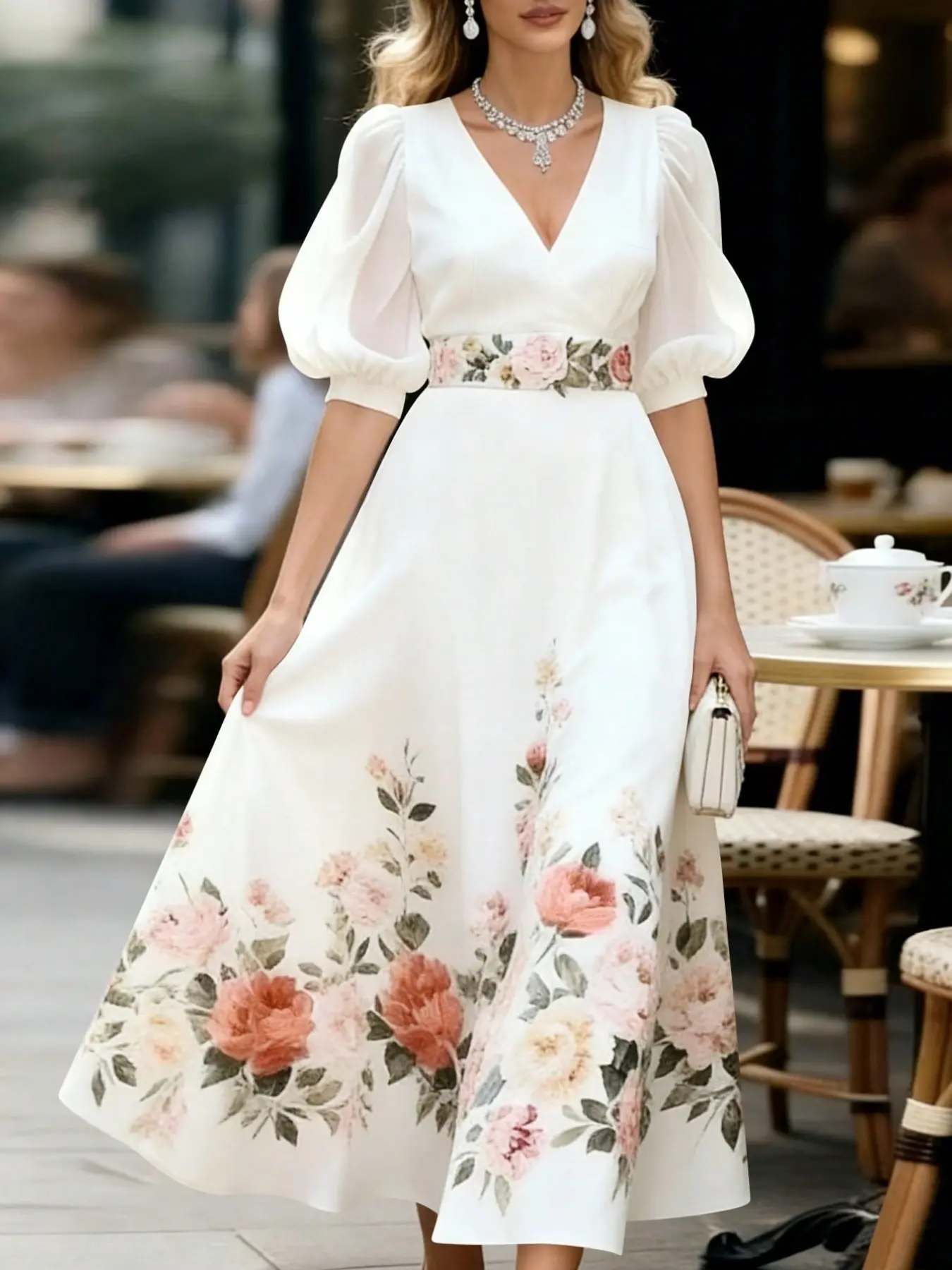 French Rose Floral Print Midi Dress, V Neck Bubble Sleeve, Elegant Fitted Design, Perfect for Dates, Weddings, Bridal, Cocktail, Evening Party, Tea Time, Travel, Daily Wear
