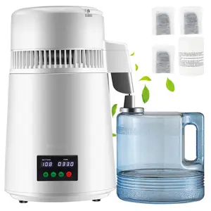 1.1 Gallon Water Distiller 0.3 Gallons Per Hour, 750W Distilled Water Maker with 0-99 Hour Timer, Temperature Display, 304 Stainless Steel Construction, Countertop Distiller, Plastic Carafe, Cleaning Powder, 3 Carbon Packs, White