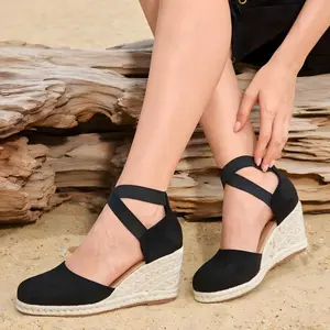 Women's Hemp-Soled Shoes, Wedge Heel, Closed-Toe, Round-Toe, Elastic Straps, Women's Summer Arch Support Hemp-Soled Shoes, Ankle Strap, Comfortable Outdoor Shoes, Fashionable Summer Sandals, Chunky-Heel Sandals, Beach Sandals