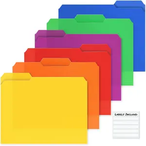 Plastic Colored File Folders (6 Pack), 1/3 Tab Filing Folders for 8.5x11 Letter Size Documents, Assorted Colors, Acid-Free Poly, Includes Labels