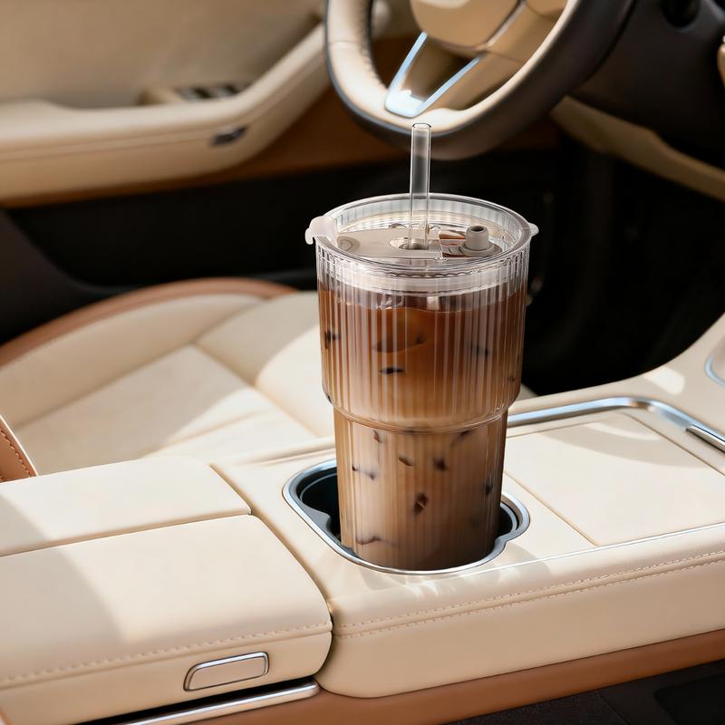 MHDCLY 20oz Ribbed Glass Tumblers Set of 2/4 with Lids & Straws Durable Reusable Leak-Proof Travel-Ready for Iced Coffee Smoothies Juice Cocktails Washable Stylish Drinkware