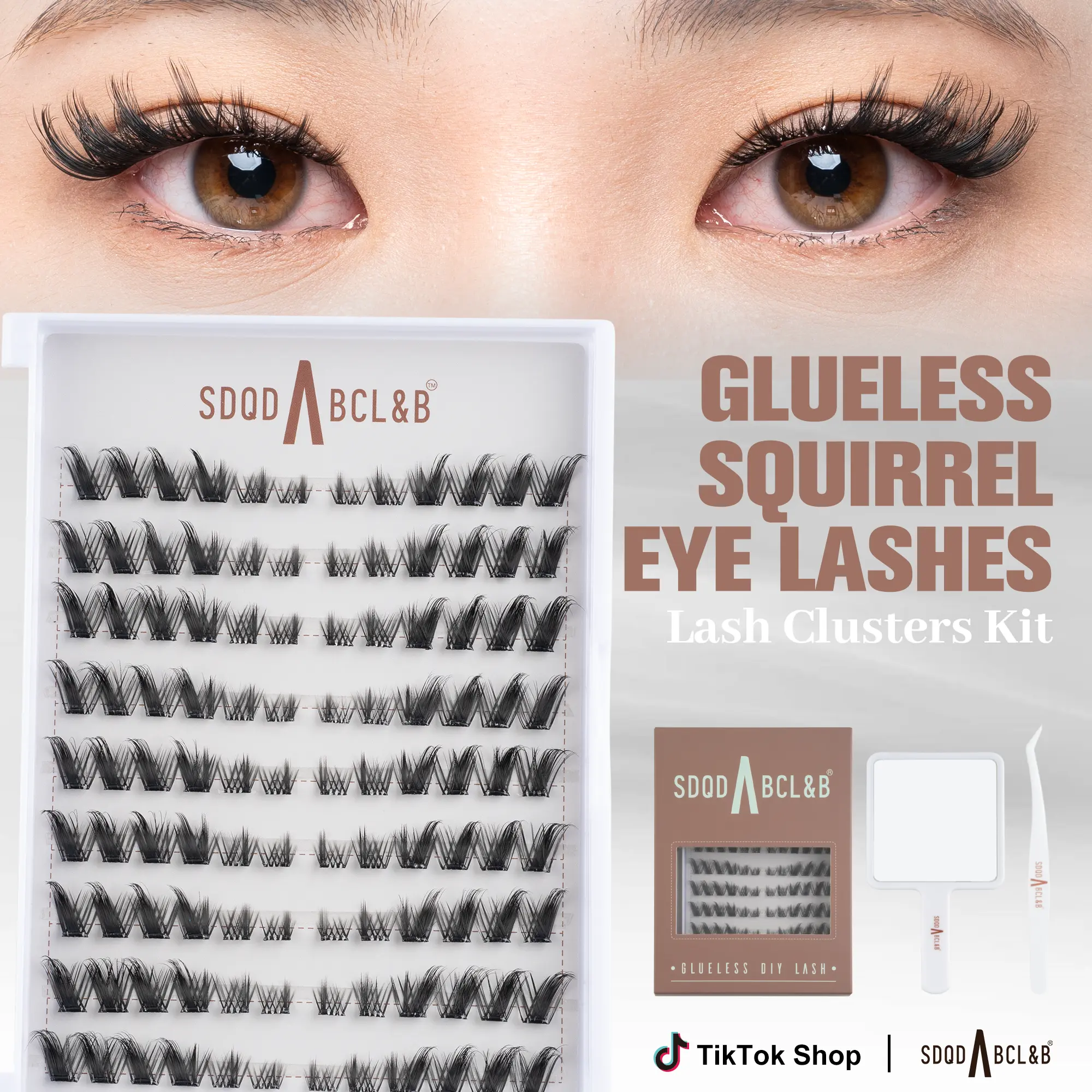 Squirrel Self-Adhesive Lash Clusters Eyelashes Makeup Kit, Includes Tweezers & Handheld Mirror, Gentle Sensitive Safe, Natural Dynamic C-Curl, Beginner-Friendly, Waterproof, Sweatproof, Left-Right Eye Distinction home gift