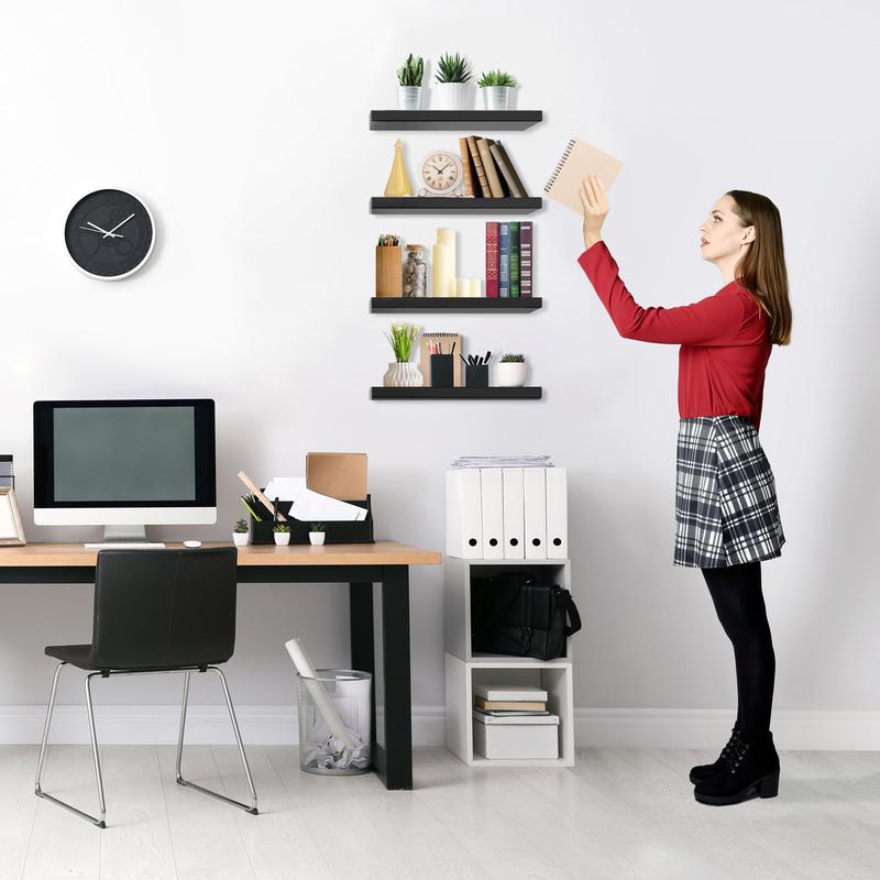 Bosniik Black 15.7inch Floating Shelves 4 Sets with Invisible Brackets for Bedroom Bathroom Kitchen Living Room Decor Artificial Wood Frosted Surface 20 lb Capacity Easy Assembly Wooden