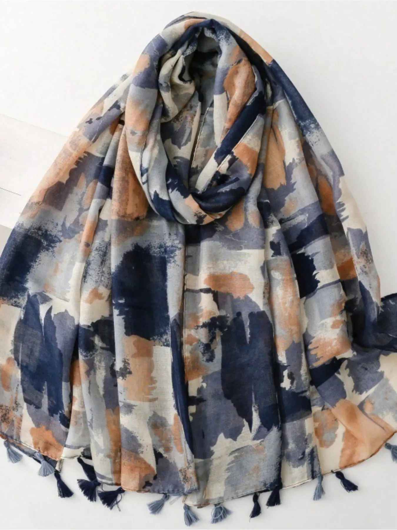 1Pc spring and autumn retro oil painting style ink and wash smudge camouflage printing spring and summer wear scarf literary tassel shawl silk scarf