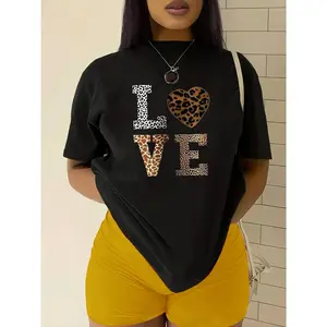 Women's Casual LOVE Pattern Leopard Heart Design T-Shirt - Elastic Round Neck Short Sleeve Top, Machine Washable All-Season Comfortable Style, Non-Transparent Fabric