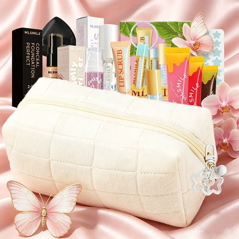 13-Piece Makeup Kit with White Travel Cosmetic Bag & Keychain | Foundation, Powder Puff, Face Primer, Acne Patch, Lip Scrub, Lip Balm, Lip Gloss | All-in-One Beauty Set for Graduation & Anniversary Gifts, Portable Travel Kit, Makeup Box Set