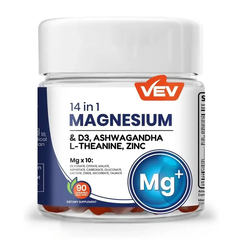 VEV 14-in-1 Bioavailable Magnesium Complex Gummies with Ashwagandha, L-Theanine, Vitamin D3, Zinc - Vegan, Sugar-Free, Lactose-Free Supplement for Relaxation, Energy & Whole-Body Vitality