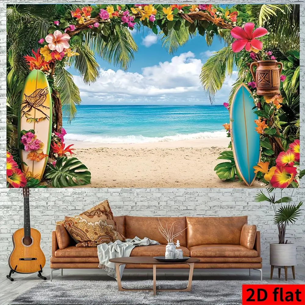 1PC Polyester 2D Flat Tropical Beach Landscape Backdrop - Hawaiian-Style Surfboard, Flower Arch, Seaview Photography Background, Reusable Birthday Party Decor, Indoor Wall Curtain Banner