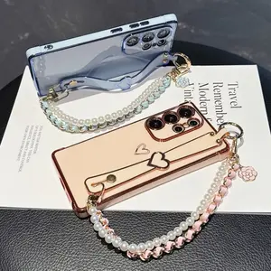 Heart Pattern Pearl Lanyard Phone Case Compatible with Samsung Galaxy A56 A55 A54 A53 A52S A36 A35 A34 A33 A26 A25 A24 A23 A17 A16 A15 A14 A12 A04S, Camellia Lanyard, Durable Protective Cover, Perfect Fit for Daily Use