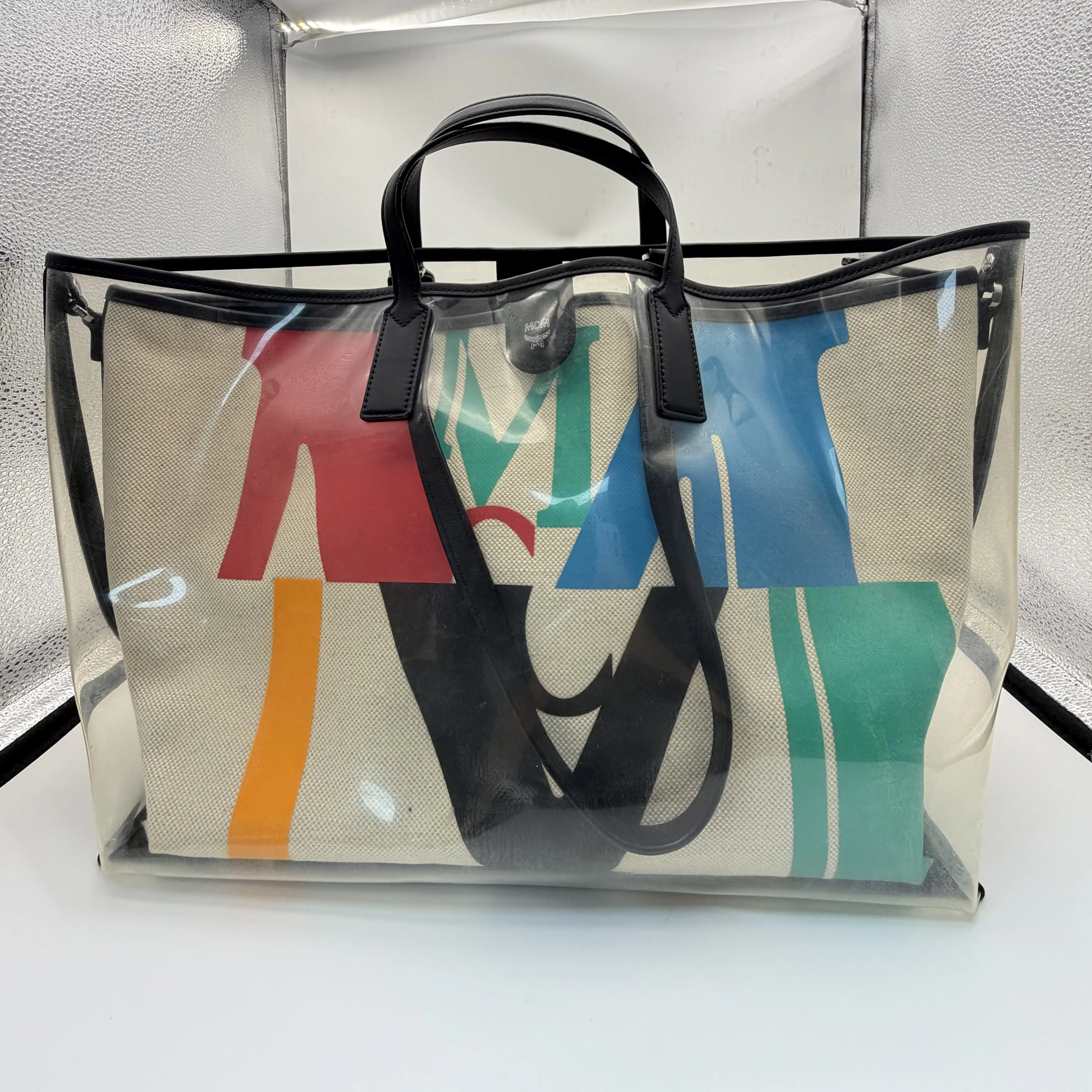 Pre-owned MCM Iridescent Glitch Effect Transparent PVC Tote Bag with Detachable Pouch